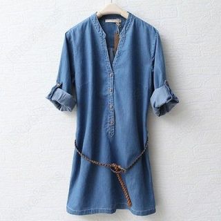 Womens Girl Lady Standing Collar Long Sleeve Washing Jean Dress With 