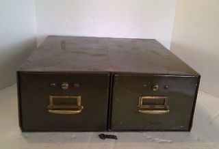   Army Green Double Drawer Metal Card Filing Cabinet Locks Brass Handles