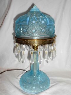   WHIMSEY ICE BLUE OPALESCENT DAISY BUTTON BOUDOIR TABLE LIGHT LAMP