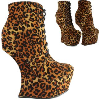   Leopard Print High No Heel Less Lace Up Platform Ankle Boots Shoes