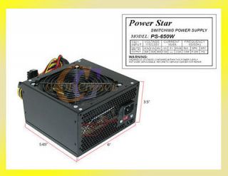 PowerStar Black ATX 12CM Fan 650W Silent Power Supply w/20 24pin SATA 