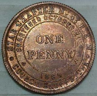 Masonic One Penny Council Bluffs Iowa IA Copper Lustrous AU Medal 