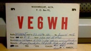   ham radio QSL postcard Harley family 1956 Wainwright AB Alberta