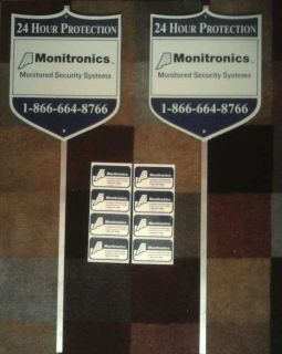 AUTHENTIC MONITRONICS SECURITY ALARM SIGNS AND 8 DECALS FOR WINDOWS