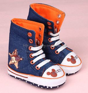 Baby Boy Mickey Mouse Denim Crib Shoes High Top Boots Size 0 6 6 12 12 