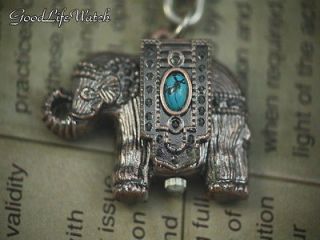 Africa Elephant Blue Bead Stone Antique Design Key Chain Watch Pendant 