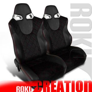 2X LEATHER SPEED RACING SEATS w/RED CHECKED STYLE STITCHING BLACK 