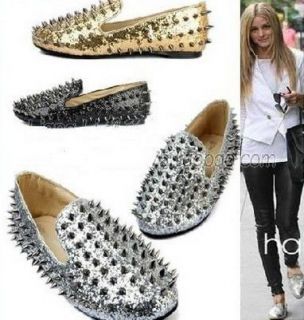 New Fashion Ladies Womens Loafers Shoes Flat Spike Punk Studded Point 