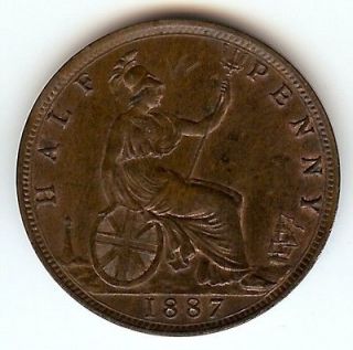 GREAT BRITAIN 1887 HALF PENNY KM754 ABOUT UNCIRCULATED AU