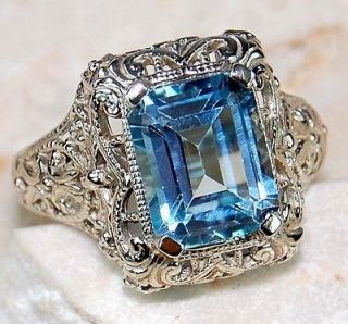 4CT Natural Aquamarine 925 Solid Sterling Silver Victorian Style Ring 