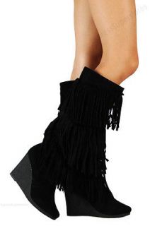Womens Fringe Boots High Fashion Slouch Flat Heel Boot Hot Stylish 