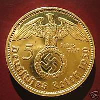 24 CARAT GOLD 5 Reichsmark 1938A Nazi Swastika coin*
