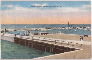 Menominee Michigan Postcard Yacht Basin Marina Boat Dock Linen 1940s