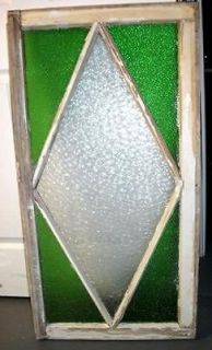 ANTIQUE ARCHITECTURAL ETCHED GLASS WOOD FRAME WINDOW GEOMETRIC DIAMOND 