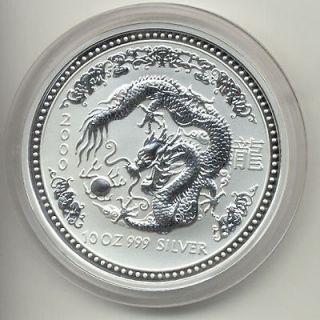 2000 10 Oz. Australian Silver Lunar Dragon $10 Coin BU