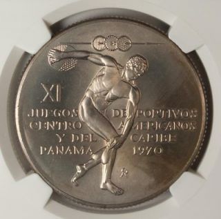 Panama 5 Balboas 1970 FM NGC MS 66 UNC Silver Central American Games 