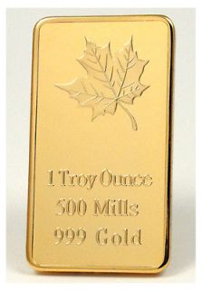 10 1 Troy Ounce Bullion Bar 500 Mills Thick Fine 24k Gold Maple Leaf 