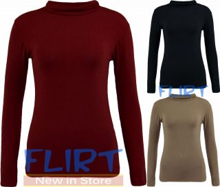 Womens Polo Neck Top Ladies Long Sleeve T shirt Turtle Neck Jersey Tee 