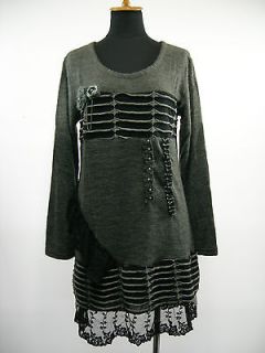 Sacred Threads Gray Long Sleeve Scoop Neck Embroidered Tunic Dress