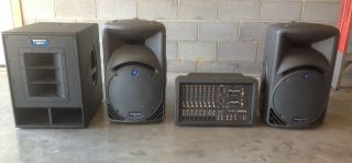 PA System Mackie 808s Mixer Mackie C300 Speakers Mackie SWA1501 