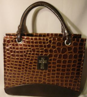 Purse Style Bible Cover Case Brown embossed Croc with Handles,LARGE 