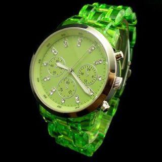   Mens Lady Women Big Face Transparent Plastic Band Wrist Watch Green