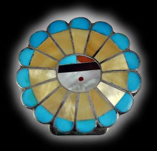 Zuni SUNFACE Bolo Slide Turquoise Gold Lip INLAY Sterling Silver No 