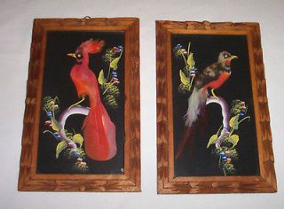 Bird Feather Pictures Hand Painted Framed Wood VINTAGE FOLK ART 