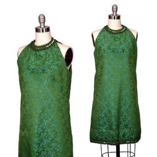 Vintage 60s Green Brocade Mod Mini GoGo Christmas Holiday Party Dress 