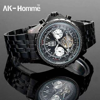   Mens Black Stainess Steel Luxury Automatic Mechanical Calendar Watch