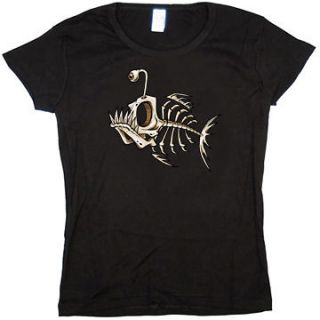   tee shirt Skeleton fish bones bone fish tattoo womans black tshirt