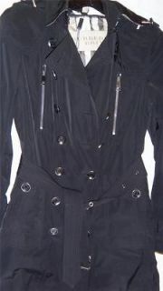 AUTH BURBERRY BRIT BLACK DOUBLE BREASTED TRENCH COAT JACKET SIZE 4 US 
