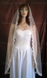 Wedding Veil Bridal Bride One Tier Ivory Waltz Mantilla Leaf Lace Trim 