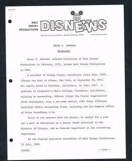 Walt Disney Productions DISNEY NEWS Biography Bruce Johnson Letterhead