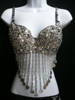   SILVER COINS SEXY FASHION BRA BELLY DANCE SEQUINS TOP BRALET CLUBWEAR