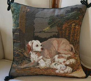 14x14 Dog and Puppies Handmade Needlepoint Petite Point Pillow