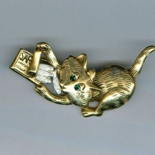 Vintage Signed Danecraft Goldtone Cat / Fish Pin