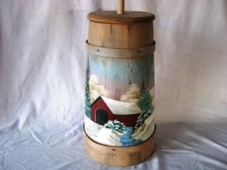  SNOW SCENE 4 GAL WOOD SLAT BANDED OLD BUTTER MILK CHURN WITH DASHER