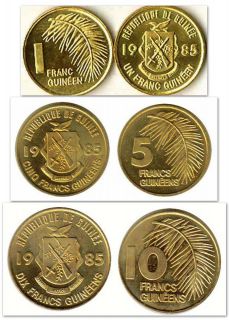 Guinea 1985 1&5&10 Francs 3 UNC Coin Set