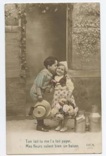 Edwardian Child Boy kiss Girl Milk Can original vintage old 1910s 