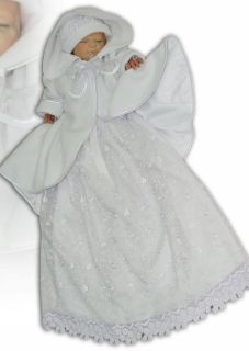   Christening Gown Traditional Baptism Dress Cape &Hat White Set 3pcs