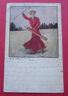 WOMAN WITH GOLF CLUBS 1907 POSTCARD F EARL CHRISTY ART