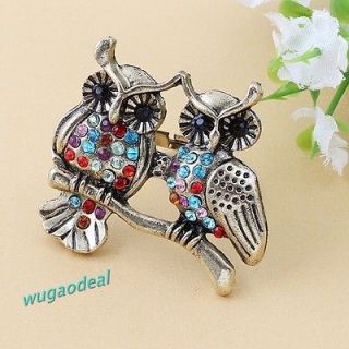Old Bronze Plated Colorful Rhinestone Cute Useful Double Owl Open 