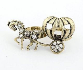   Retro Bronze Horse Crystal Carriage Double Finger Ring Adjustable