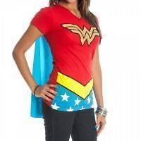 Shirt Tee DC COMICS NEW Wonder Woman Red V Neck Cape JUNIORS Costume 