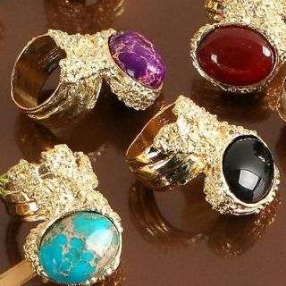 Turquoise & Gemstones Chunky Armor Knuckle Cocktail Gold Plated Ring 