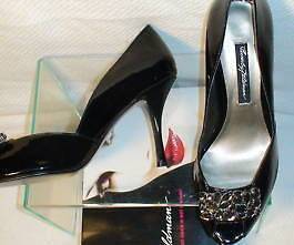 Beverly Feldman Black Patent Leather, Peep Toe, Crystal Shoes Pump 7 