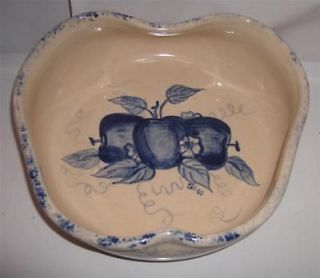 Ellis Prod Pottery Handcrafted Heart Shaped Bowl Blue Fruit Pattern 