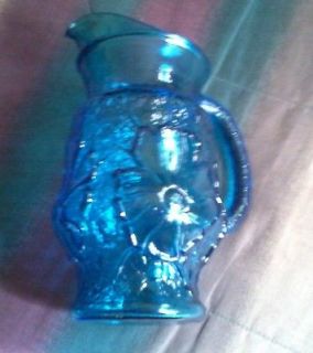 Vintage Anchor Hocking Blue glass Pitcher w/ Ice lip, Flower patern