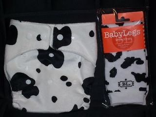 One Size Pocket Minky COW PRINT Cloth Diaper and Matching Leg Warmers 